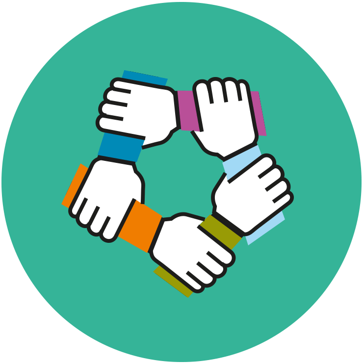 Pictogramme de 5 mains et avant-bras qui se soutiennent sur fond d'un rond vert/bleu pour illustrer une des trois valeurs d'ADEQUATION : solidaire